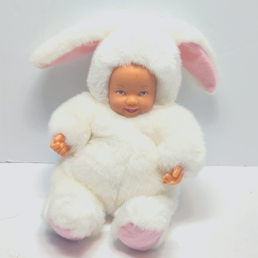 Vintage 90s Anne Geddes Easter White Pink Fuzzy Baby Bunny Rabbit Doll Blue Eyes